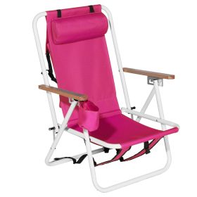 Folding Beach Chair, 4-Position Portable Backpack Foldable Camping Chair with Headrest Cup Holder and Wooden Armrests (Color: Pink)
