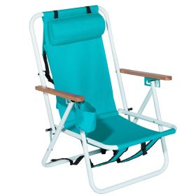 Folding Beach Chair, 4-Position Portable Backpack Foldable Camping Chair with Headrest Cup Holder and Wooden Armrests (Color: Gray)