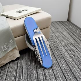 "6-in-1 Stainless Steel Cutlery Set – Folding Knife/Fork/Spoon for Camping" (Color: Blue)